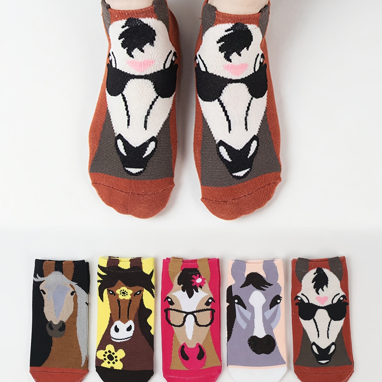 TEMU 5-pack Women's Creative Ankle Socks - Fashion Glasses & Floral Patterns, Soft Breathable Short Socks For Spring/summer, Machine Washable Casual