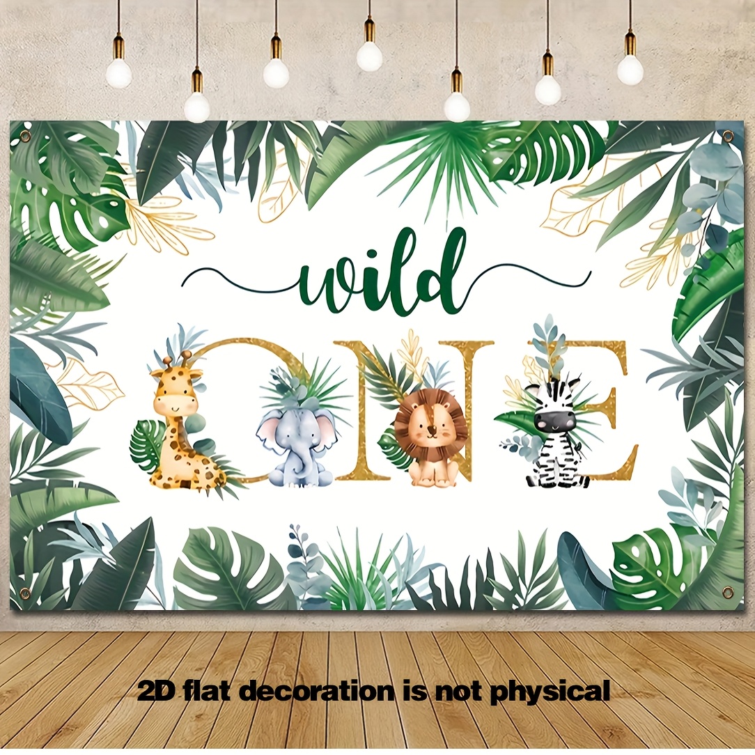 Image of 1pc A 2d Flat Banner Measuring 5.9 By 3.6 Feet Featuring Theme With A Long-necked Elephant And A Lion, Perfect As A Backdrop For A First Birthday Party Photography And Golden Colors