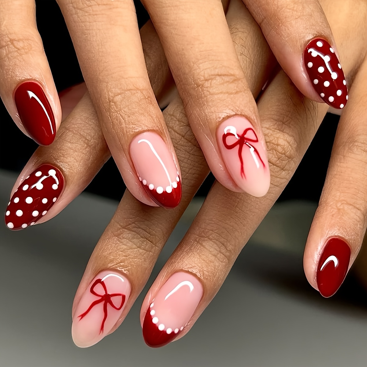 TEMU 24pcs Red Base Bow And Polka False Nails Date Christmas Nail Stickers Gentle Nail Stickers Almond Shape Red Base With Bow And Polka Dot Full Set
