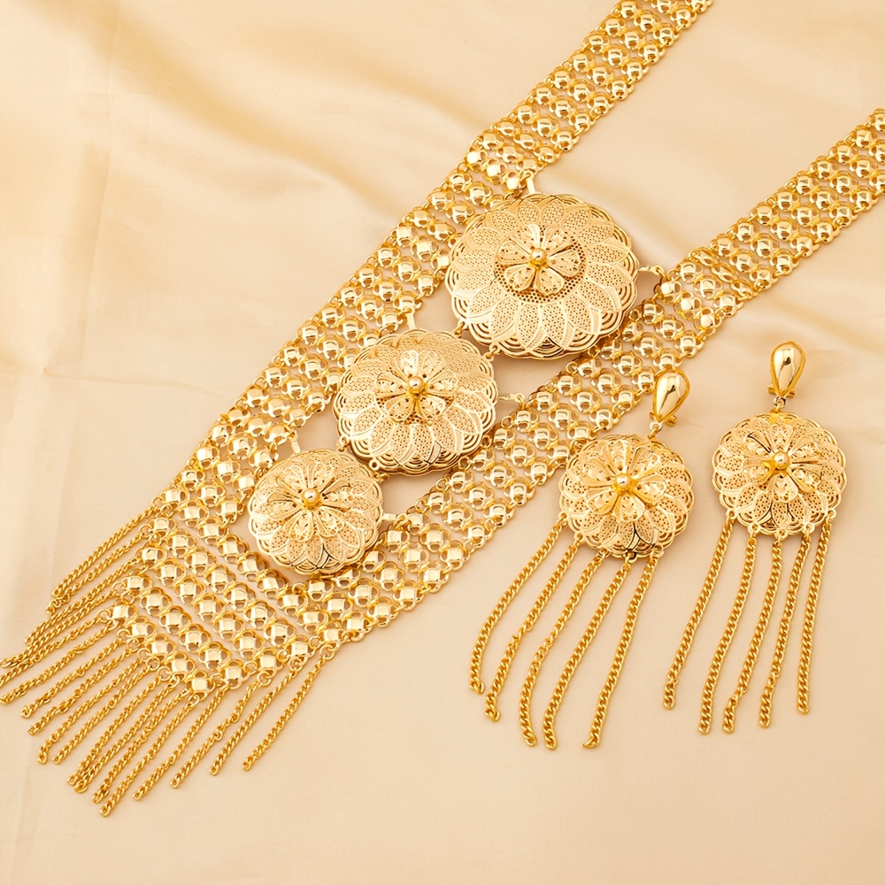 TEMU Luxury Hollow Thread Necklace And Pendant Earring Set - Middle Eastern Arabic Style Jewelry, Suitable For Saudi Arabia, Weddings, Parties,