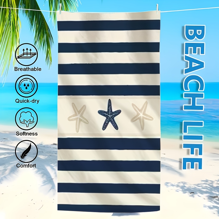 TEMU 1pc Blue Striped Simple Starfish Beach Towel, Microfiber Soft Absorbent Sunscreen Lightweight Towel, Beach Shower Swimming Pool, Photos, Fun