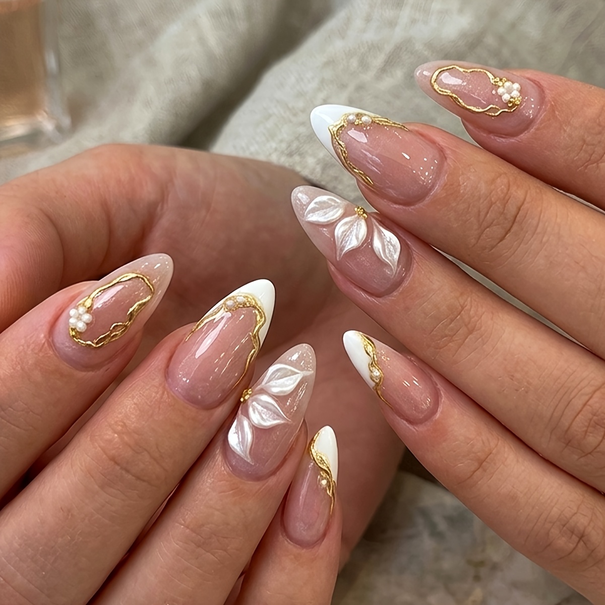 TEMU This 24pcs Nude French Manicure Set Features Almond-colored Glossy False Nails With And Pearl Flowers. Elegant And Reusable, Nails Are Perfect