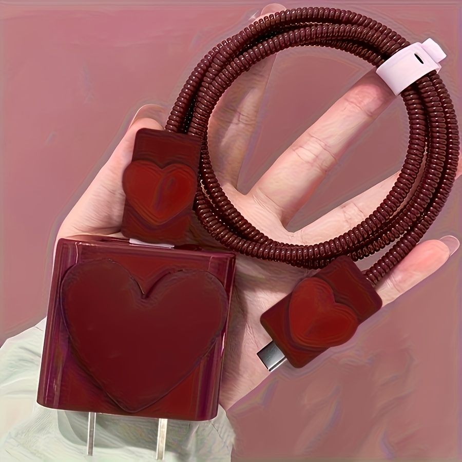5pcs Set, Wine Red Heart-shaped Case, Suitable For Iphone 18-20w Charger Protective Cover And Data Cable Protective Cover To Prevent Breakage
