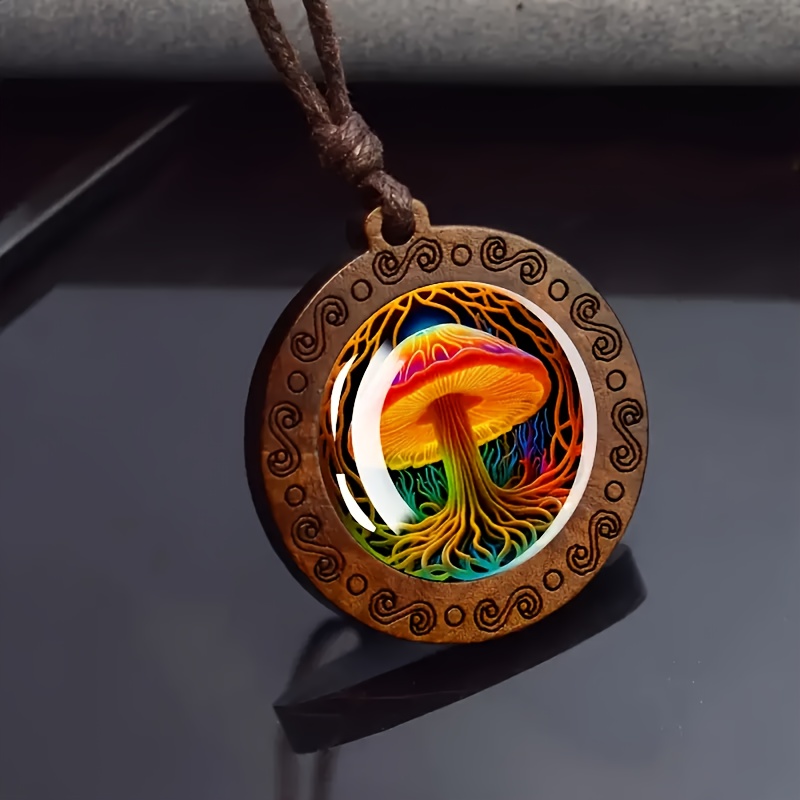 Image of Bohemian Vintage Wooden Mushroom Pendant Necklace With Glass Inlay, Adjustable Rope Lanyard, No Plating - Daily & Party Wear Jewelry For , Mardi Gras Festival Accessory