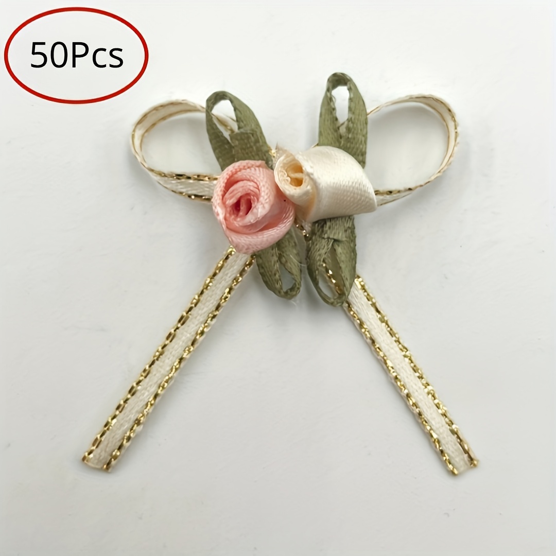Image of 50pcs Elegant Rose Bows With Floral Accents, Mixed Colors For Diy Crafts & Gift Wrapping - High-quality Polyester, Weddings, Holidays, Birthdays & Home Decor, Bouquet Accessories