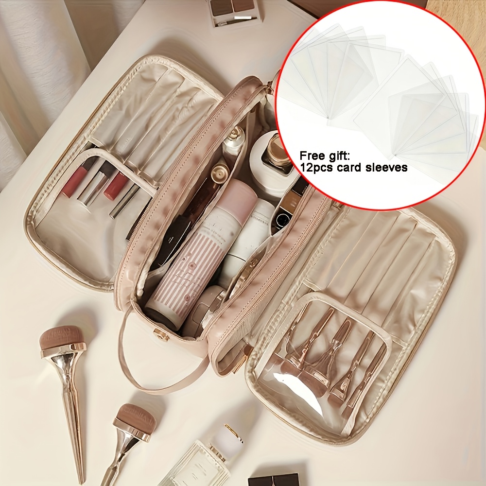 TEMU Card Holder + Makeup Bag Women's Large Capacity High Quality Cosmetic Bag - Travel Makeup Multiple Zippered Pockets & Wrist Strap For Brushes,