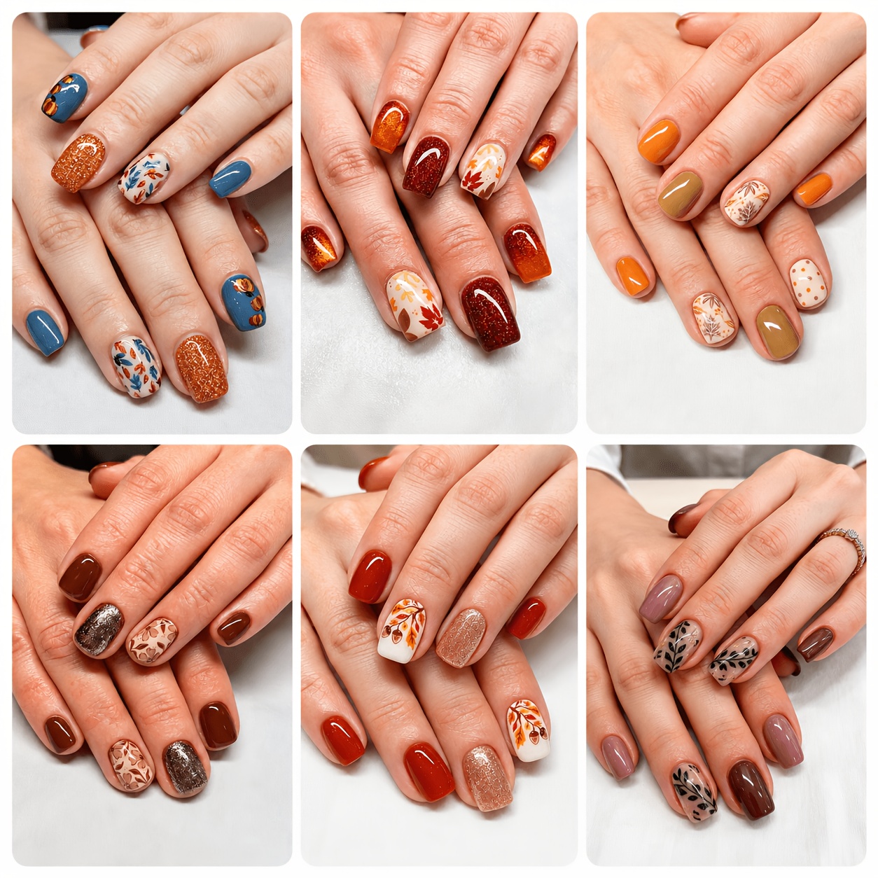 144pcs Of 6 Styles Of Autumn Floral Ladies Wear Nails, Short Square Glossy Fake Nails, Brown Burgundy And Blue Mixed Nail Art Patches, Including 4 Jelly Glue And 4 Nail Files