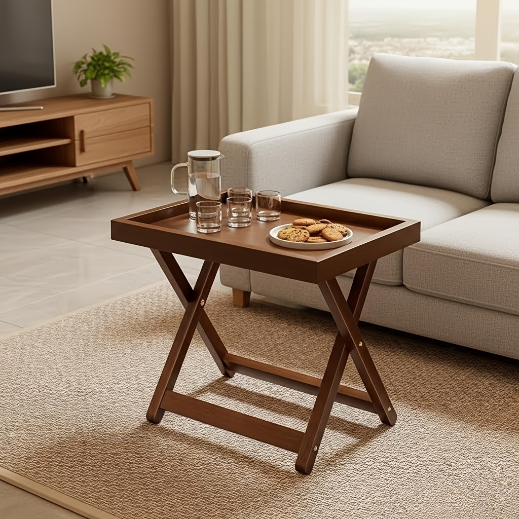 Foldable Side Table with Raised Edge Tray, X-Shaped Legs, Multi-Purpose Bedside & Sofa Table for Bedroom Living Room Bay Window