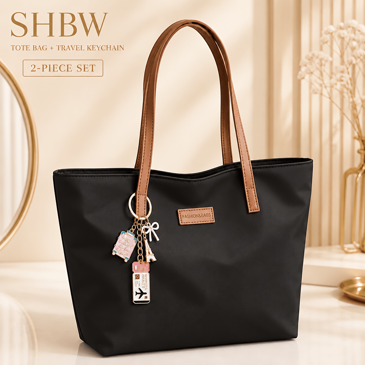 TEMU Sac noir SHBW avec longues bandoulières marron, porte-clés de voyage inclus, sac cabas souple de couleur unie avec étiquette minimaliste, sac à