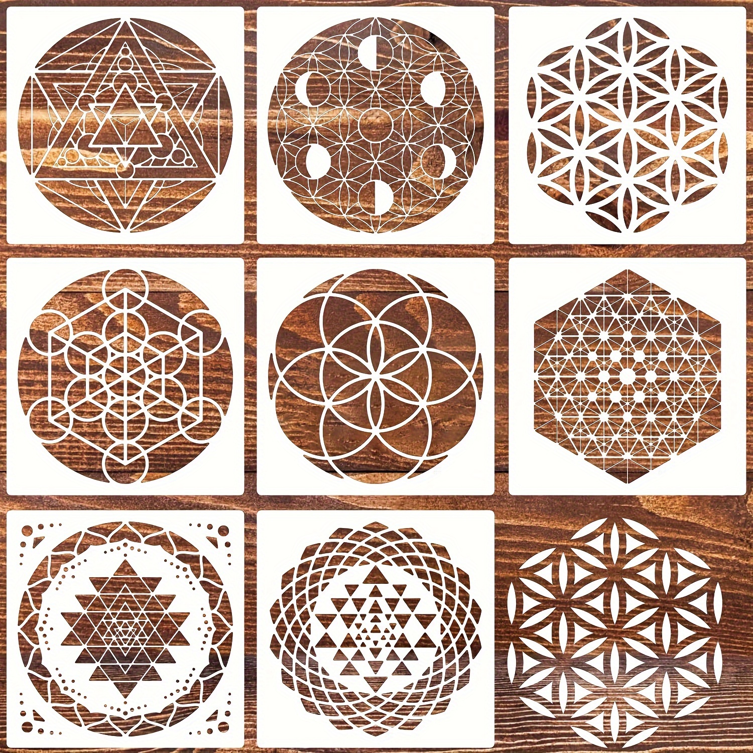 8pcs Geometry Stencil Set - Reusable Hexagon, Mandala & ' Designs For Wall Art, Canvas, And Paper Crafts - Ivory Pet Material