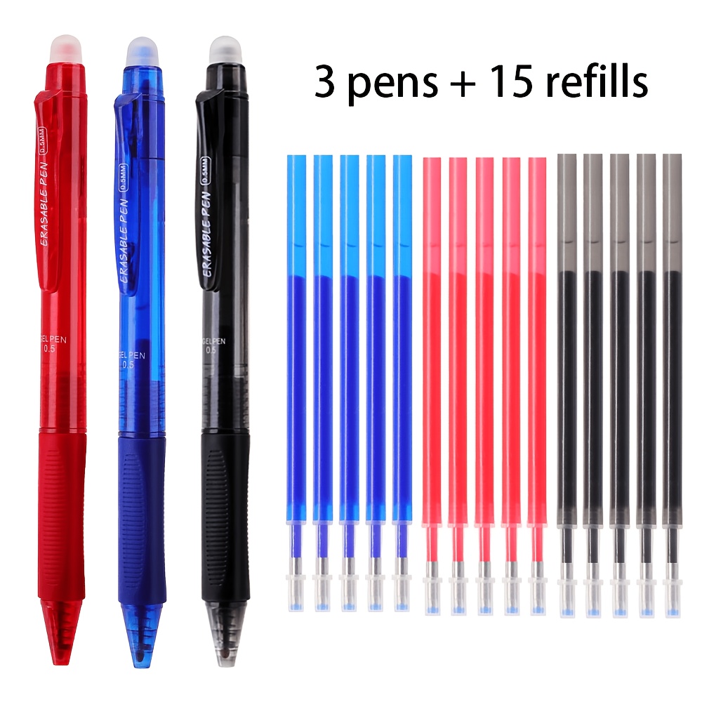 Image of 0.5mm Erasable Gel Neutral Pen With Replacement Refill, Built-in Eraser , Easy To Erase Errors, Comfortable Grip, Stationery For Of , Fine Writing Tool (3pens And 15 Refills)