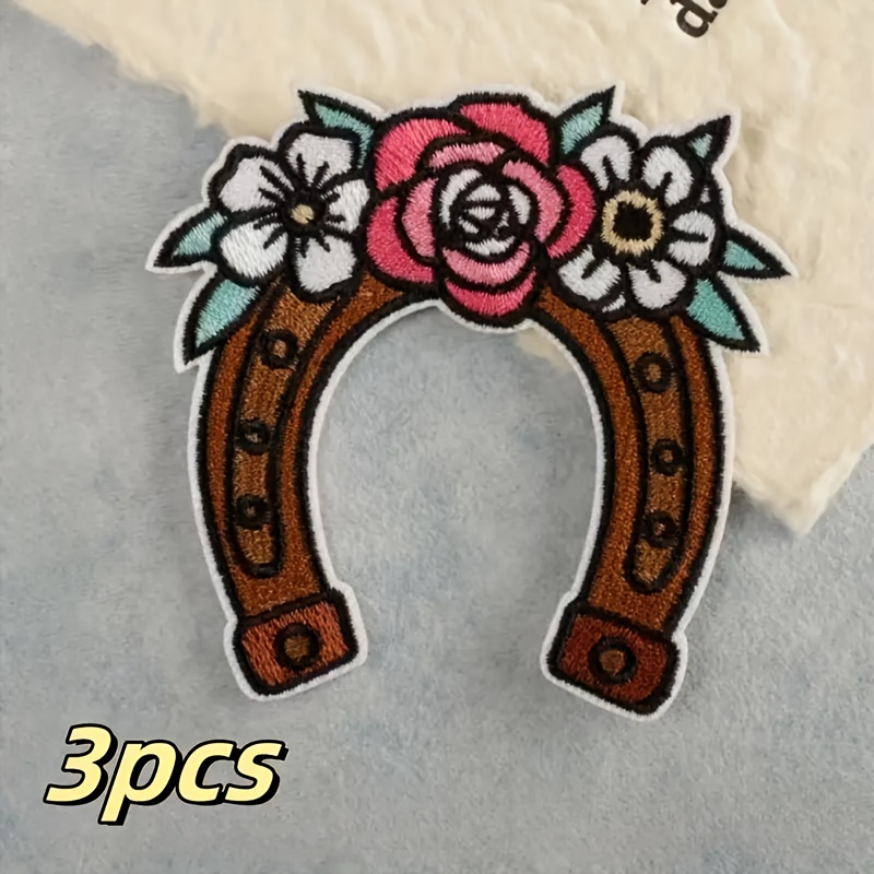 TEMU 3pcs Western Horseshoe Iron-on/sew-on Fabric Patches - Rustic Brown U-shaped Badges With White & Pink Flower, Diy Embellishments Suitable For
