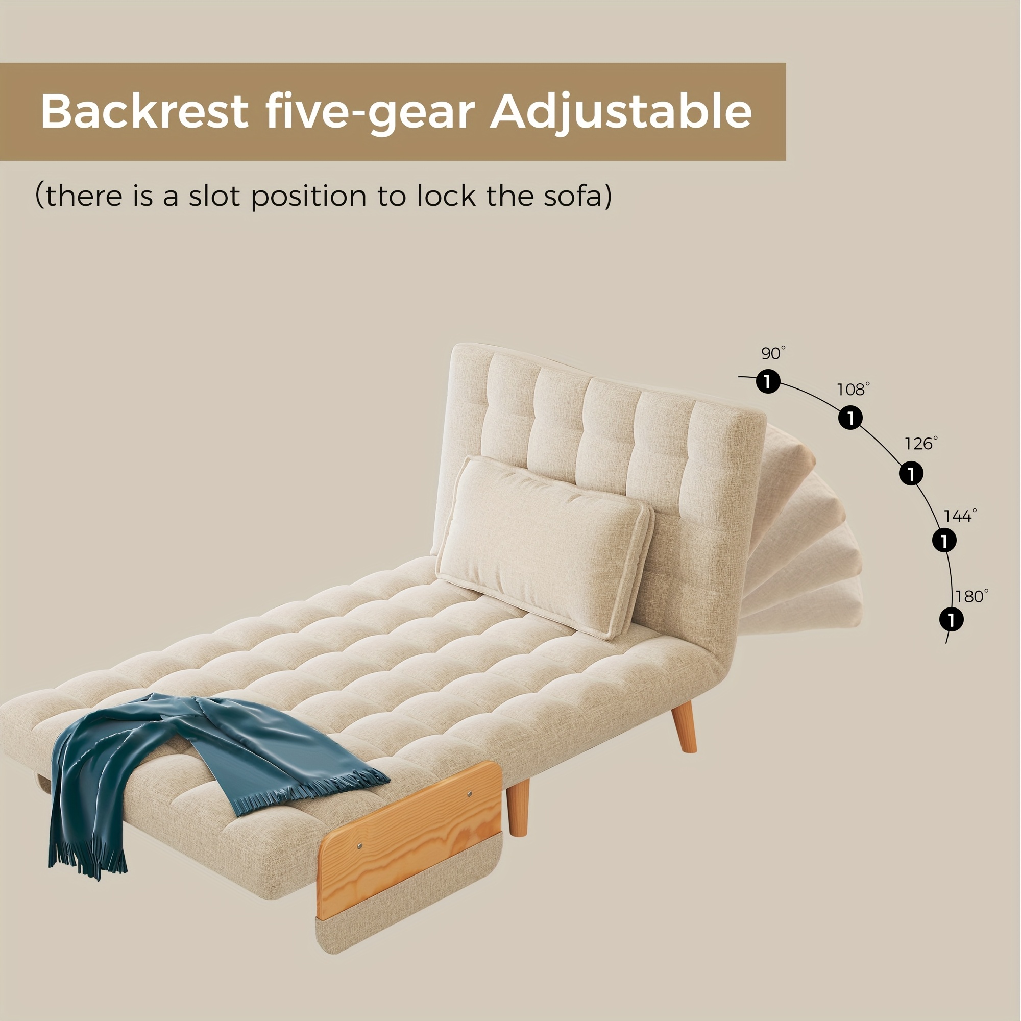 1 Modern Cotton And Linen Convertible Sofa Bed with 5 Adjustable Backs, Adjustable Height Pillows - Living Room Recliner, Single Or Double Use, Living Room Furniture Sofa | Neutral Home Decor | Wood Frame Sofa (Beige/Coffee)