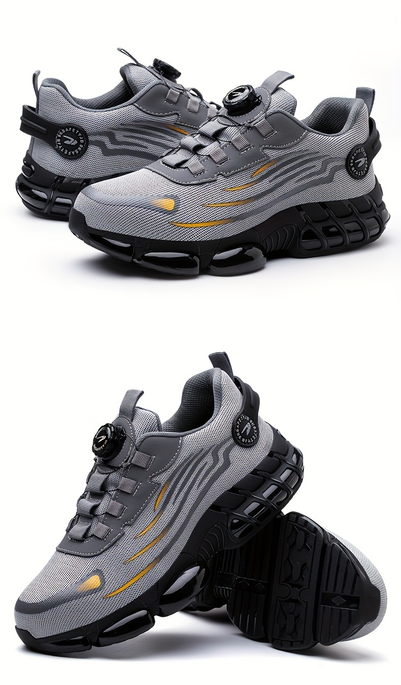 Men's Anti-Smashing Anti-Puncture Safety Work Shoes - Breathable Lace-Free Elastic Closure, Soft PU Sole with Metal Toe Cap, Retro Striped Design for Hiking, Outdoor & Daily Wear, Hiking Boots