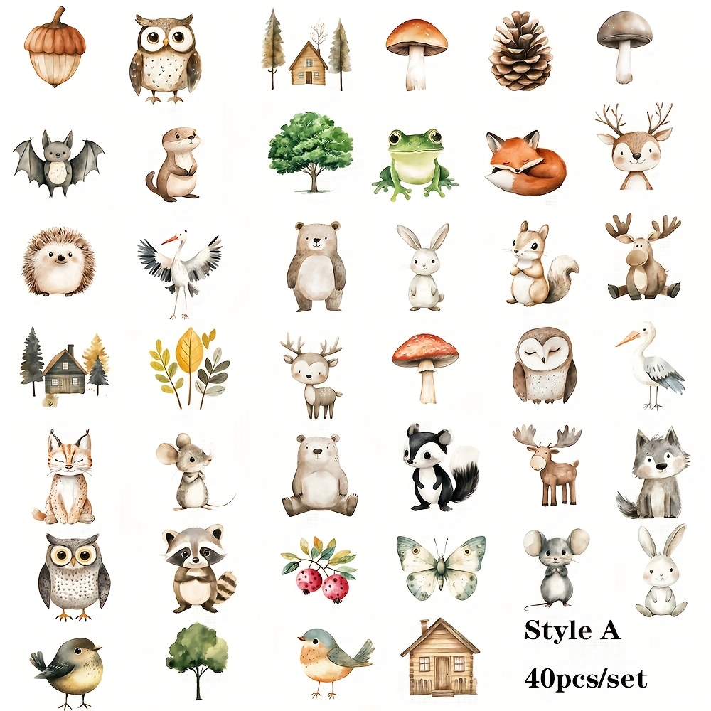 Image of Set Of 40 Vintage Forest-themed Cute Animal And Tree Stickers, For Decorating Notebooks, Albums, Diaries, And Magazines