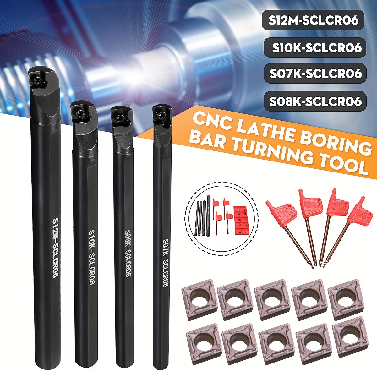 

14-piece Carbide Turning Tool Set, S07k/s08k/s10k/s12m-sclcr06 Cnc Lathe Boring Bar With 10 Ccmt060204 Inserts & 4 Wrenches For Manufacturing