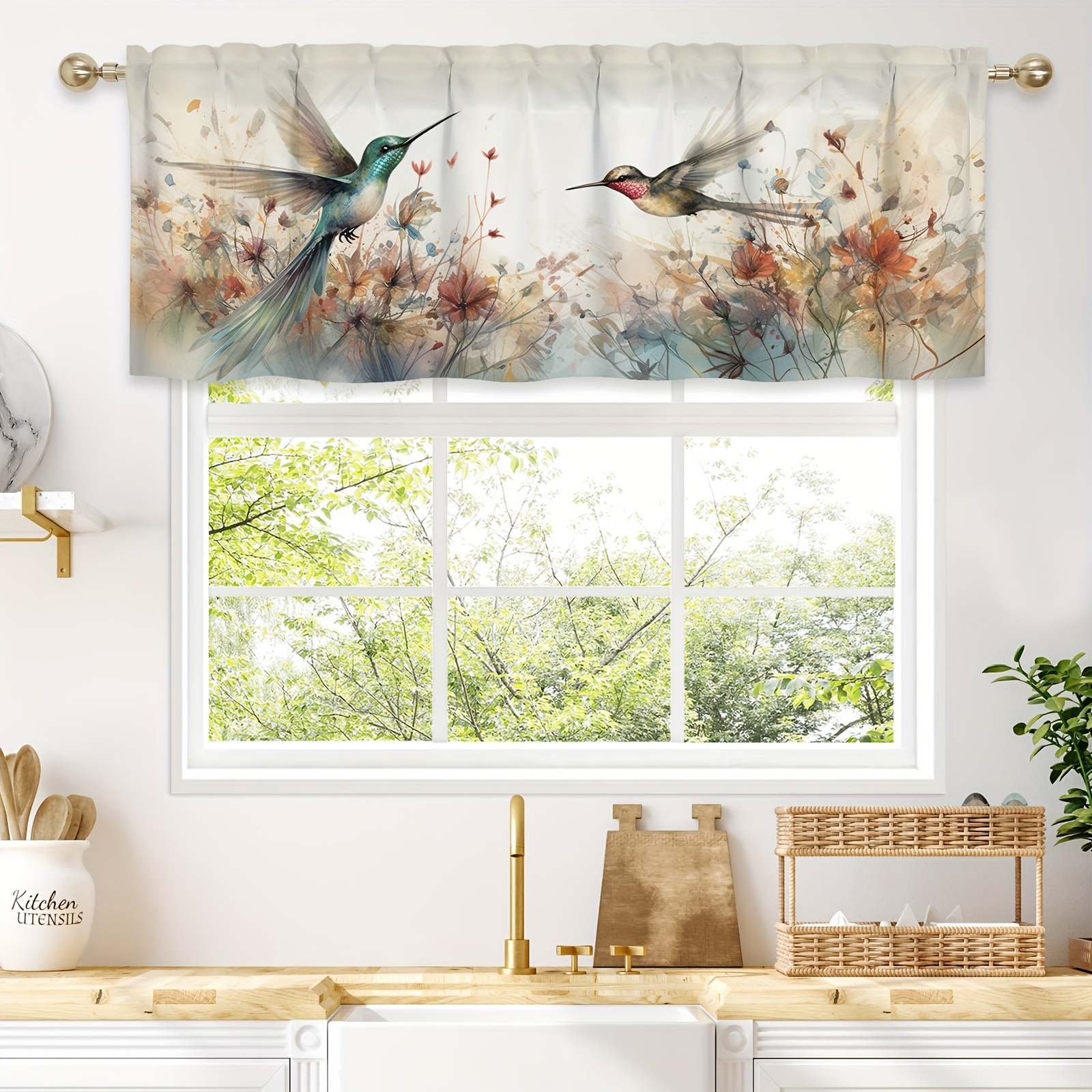 

1pc Hummingbird Curtain Valance, Watercolor Floral Indoor Kitchen Short Curtains, Fabric Curtains Short Curtains Rod Pocket Curtain Living Room Home Decor, 54*18in