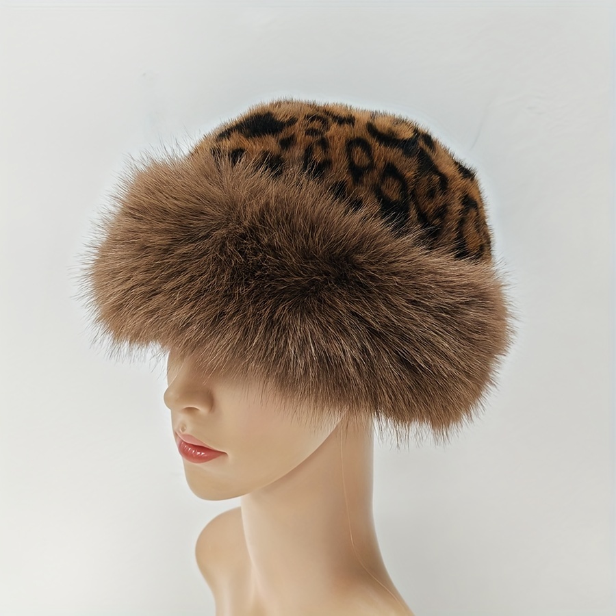 

1pc Women' Plush Hat, Leopard Print Leather Winter Warm Hat