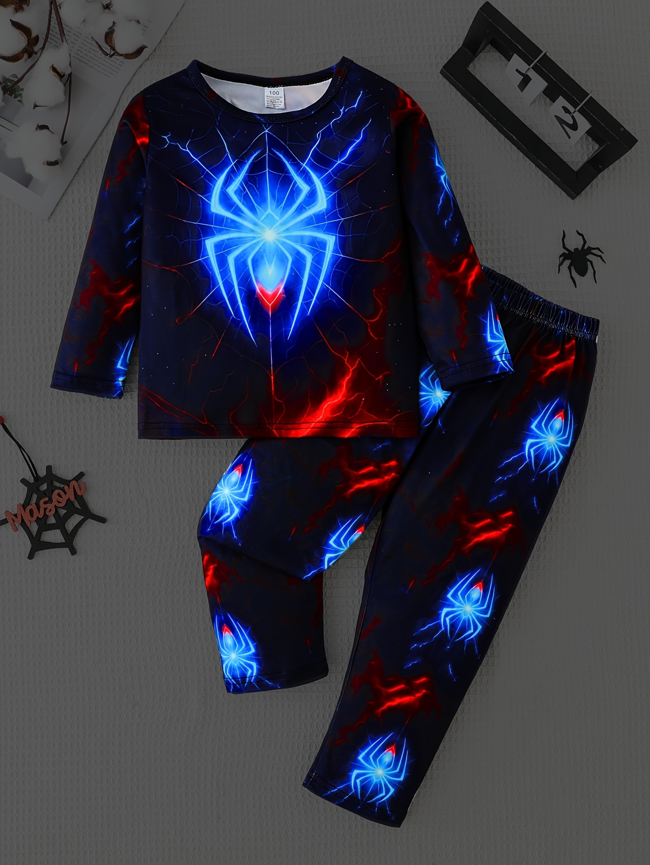 item picture a two piece set for boys featuring a long sleeve t shirt with a spider design and a   print spider themed outfit   cool parties and   during the autumn and winter   made from flame retardant fabric