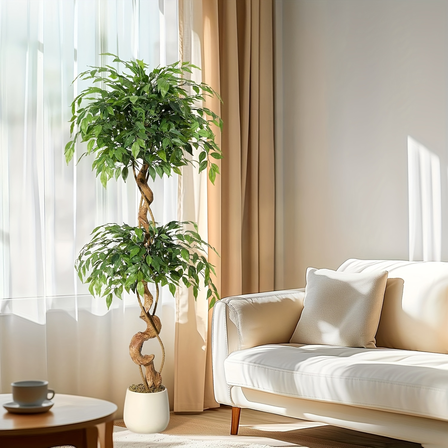 TEMU 4/5/6ft Artificial Tree With Lifelike Curved Trunk & Realistic Silk Leaves - White Planter Pot Indoor Plant For Home Office Living Room Decor,