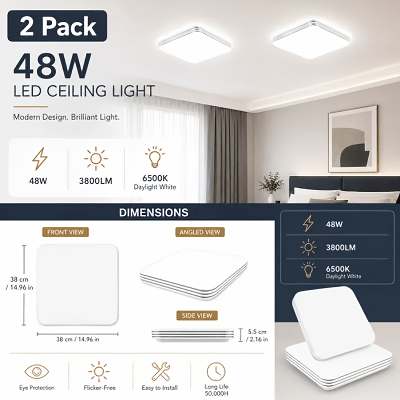 2pcs Led Ceiling Lights, 48w 6500k Daylight/white, 3800 , Ultra-thin Square Recessed Ceiling Lights, Modern Surface Mount Fixtures Suitable For Bedrooms, Living Rooms, Kitchens, And