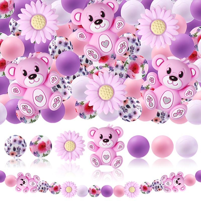 TEMU 30pcs Cute 3d Purple Bear Daisy Silicone Beads Set Wholesale- Silicone Beads, Beads For Jewelry Making, , Diy Bracelets, Lanyards, Beads Pen