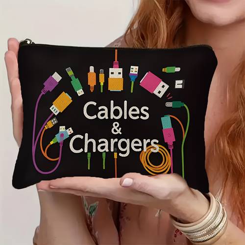 tech accessories organizer pouch colorful icons makeup bag portable storage for cables power banks practical gift for men and women