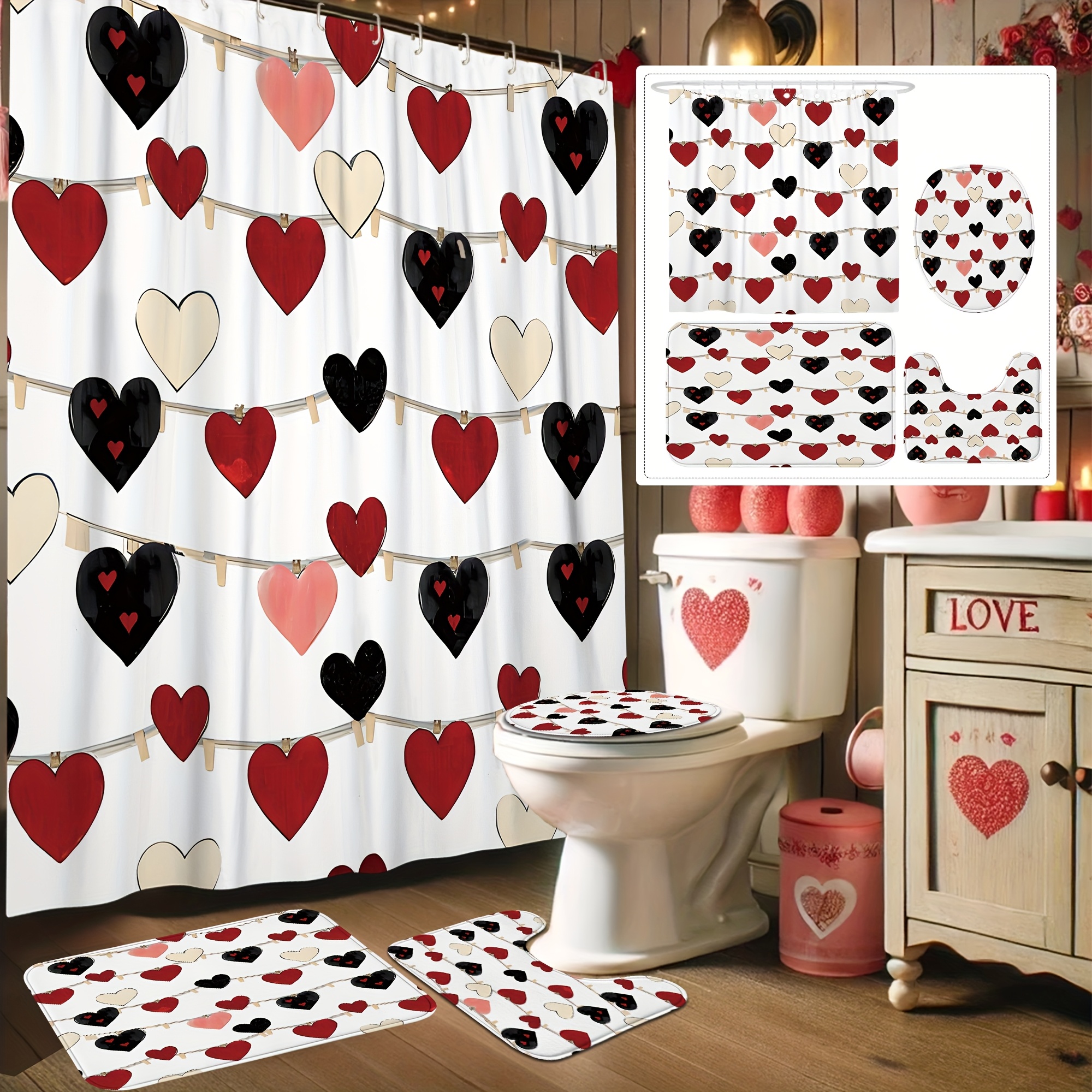 

1/4pcs Happy Valentine's Day Decoration Shower Curtain Set Heart Romantic Simple Black Shower Curtain Washable For Bathroom Shower Ornament Gift Home With12hooks Non-slip Bath Mat Toilet Lid Cover Mat