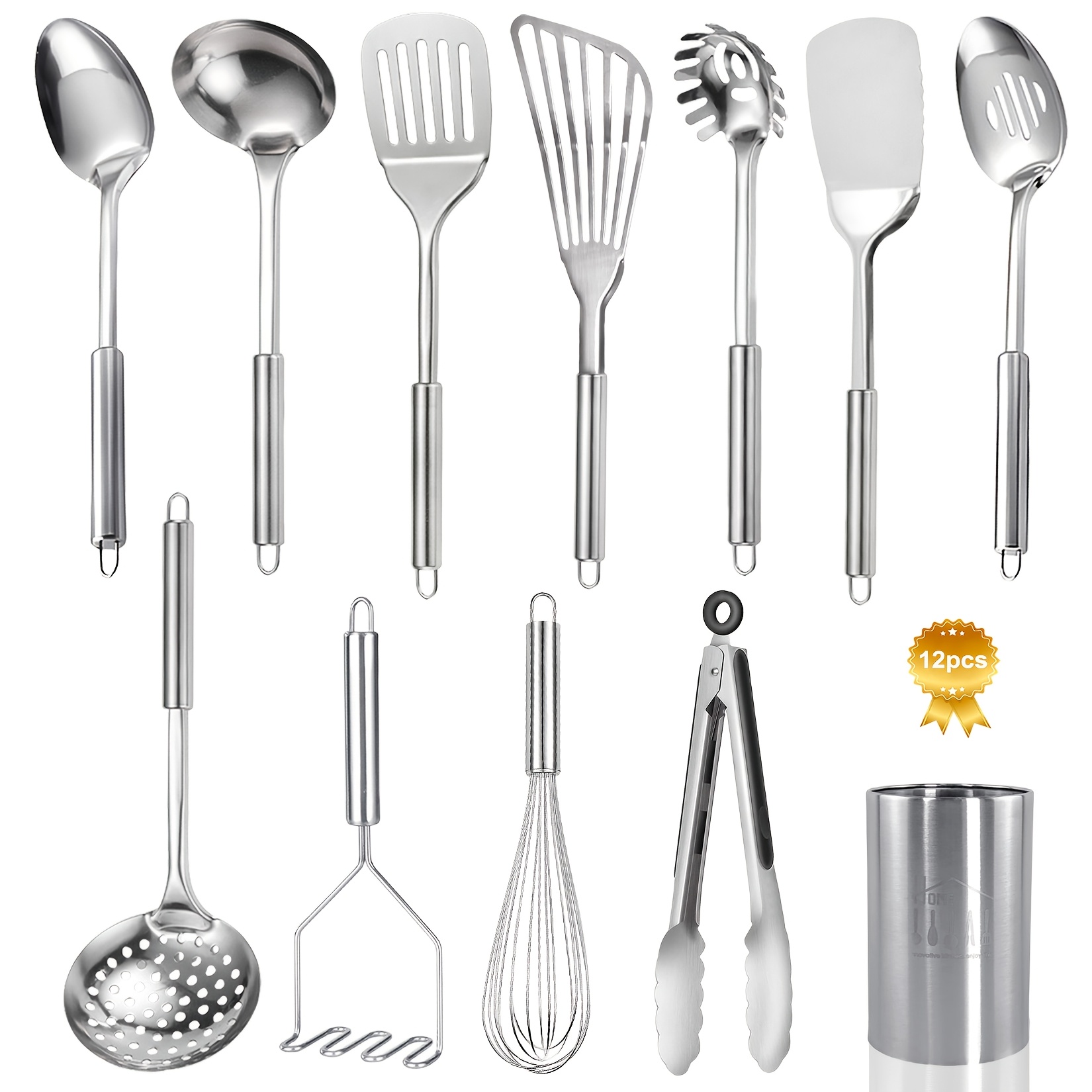 TEMU Stainless Steel Kitchen Utensils Set-12pcs, Cooking Utensils Set With Holder, Heat Resistant Metal Spatula Set Utensils Set For Cooking With