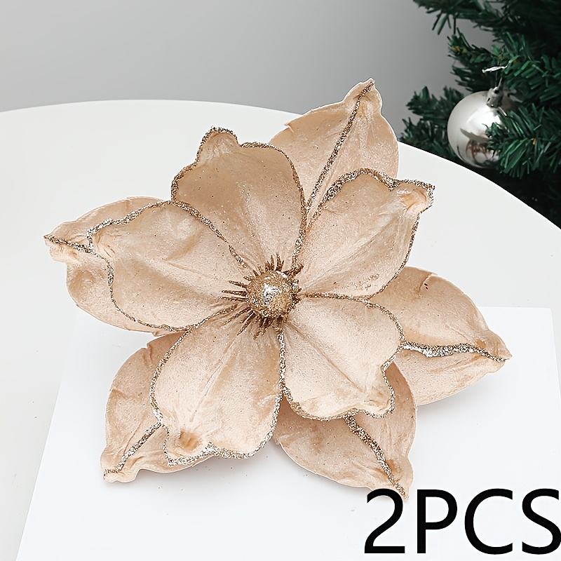 TEMU 2pcs Glitter Christmas Tree Ornament Artificial Poinsettia Flowers 8.66 Inch Magnolia Flowers With Stem For Christmas Tree Xmas Diy Wreath
