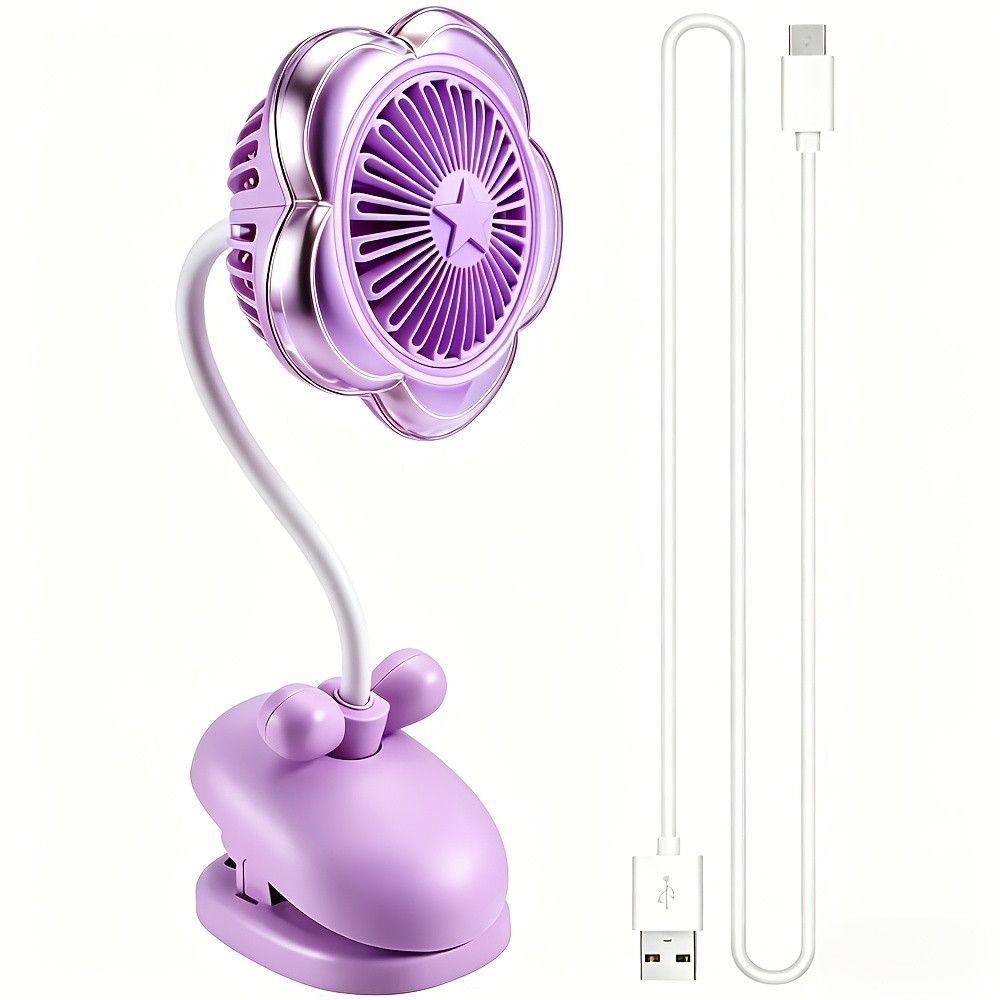 TEMU Usb Rechargeable Clip On Fan Cute Design Flower Clip On Fan 360° Rotate Cooling Fan With Led Lights For Desk Home Camping Women's Gift