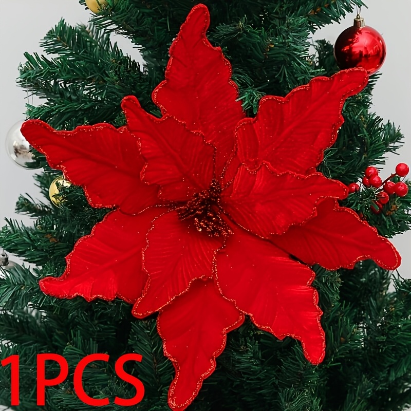 TEMU 1pc Christmas Large Artificial Bouquet Red White And Green Poinsettia For Christmas Tree Decoration Wedding Centerpiece, Halloween Decor