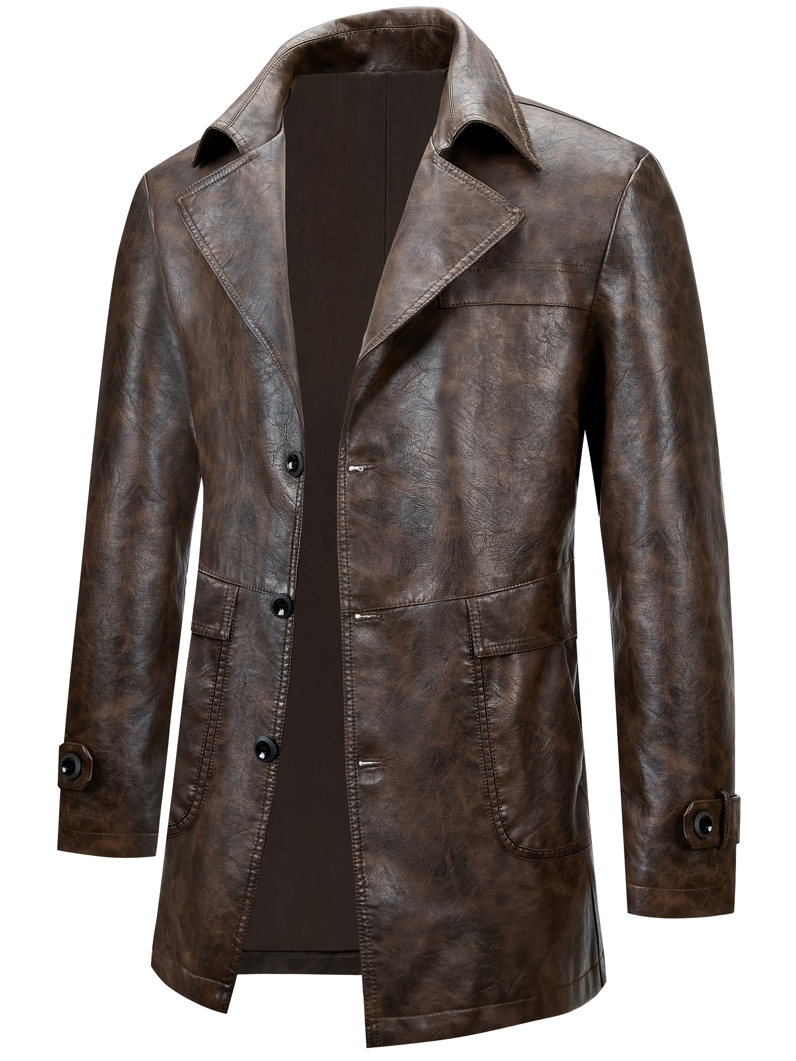 Men'S Mid-Length Single-Button Lapel Coat, Retro Easy Casual PU Jacket