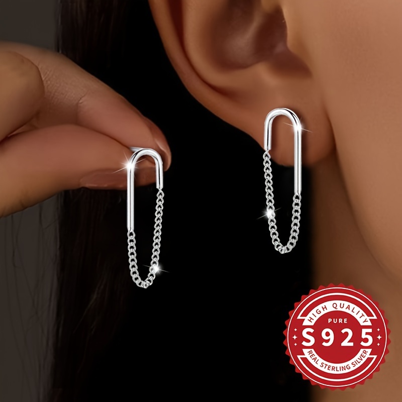 

Pair Of S925 Silver, Women's U-shaped Chain Earrings, Tassel Design, Simple And Fashionable, Suitable For In , For Women, Low Allergy 1.35g