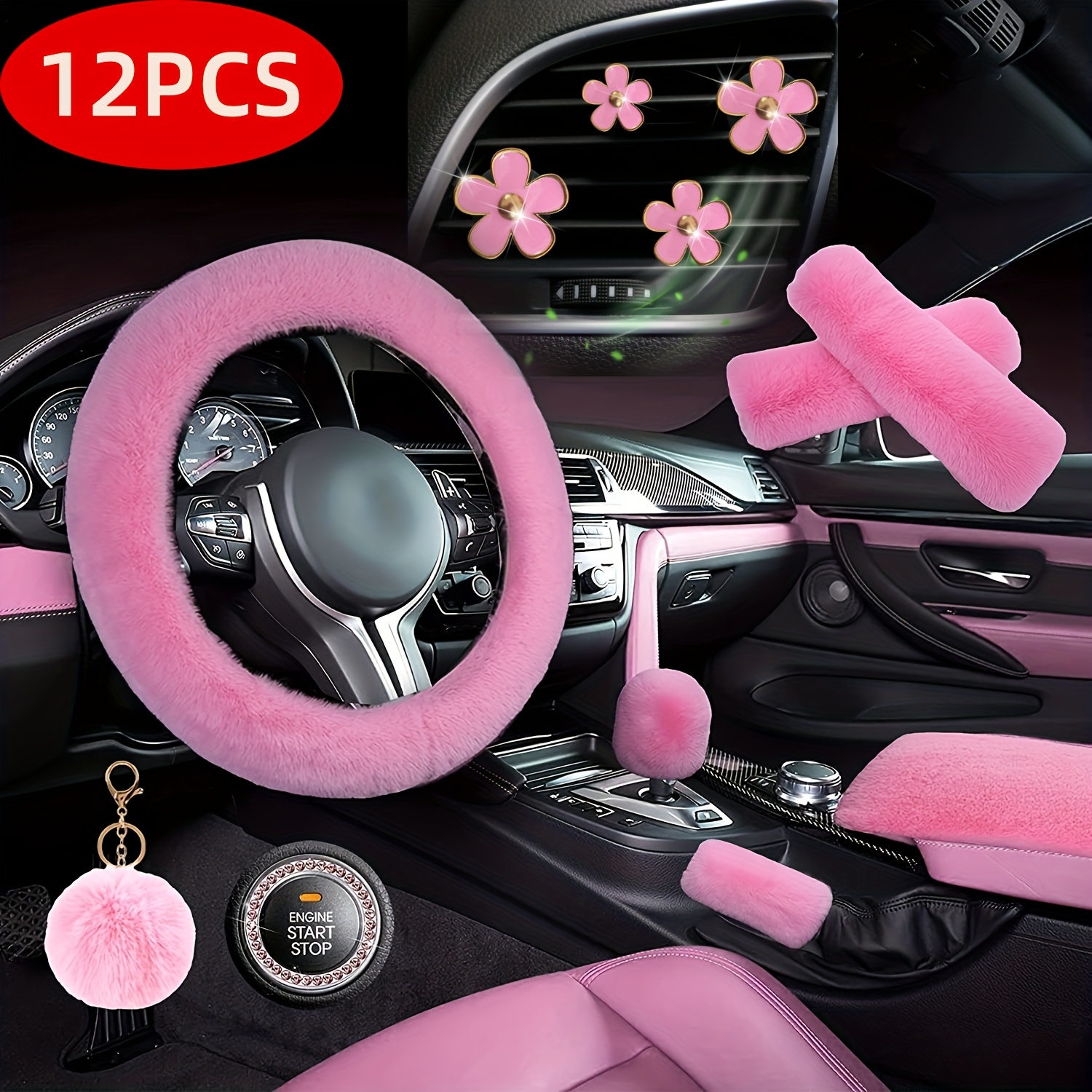 TEMU 12pcs Winter Thickened Plush Car Interior Additions Set, Steering Wheel Cover, Seat Belt Shoulder Pad, Armrest Cover, Gear Shift Cover, Cover,