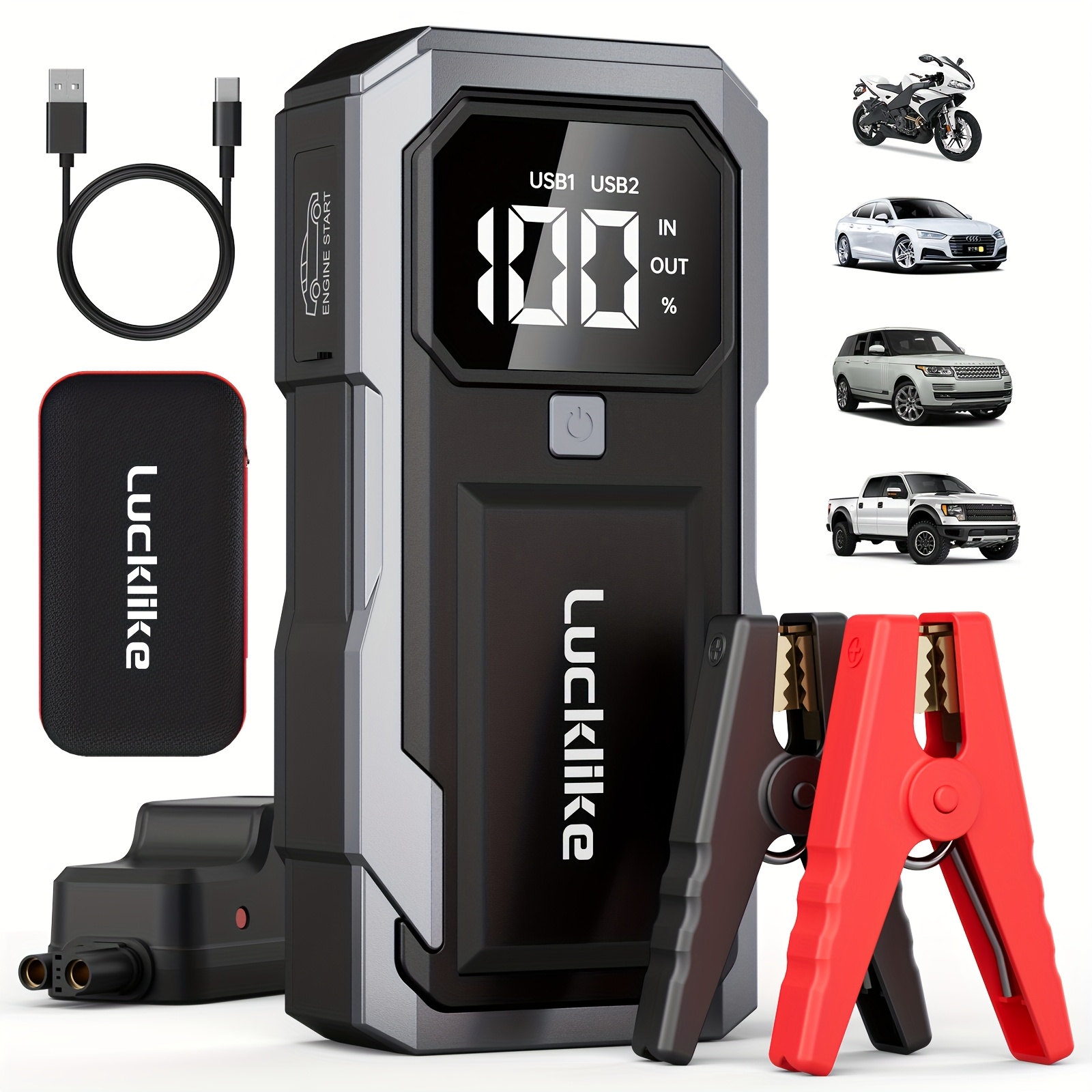 

3000a Portable Car Jump - , Extended , Large Display, Led Light & Power Bank For 10.0l Gas/8.0l Diesel Engines