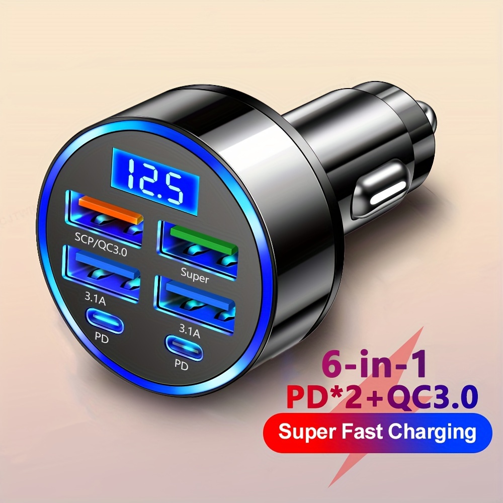 

Car Charger Fast Charging 2 Pd With 4 Usb Digital Display Car Fast Charger 6-in-1 Mobile Phone Charging Head 7a Qc3.0 Car Phone Adapter Car Accessories