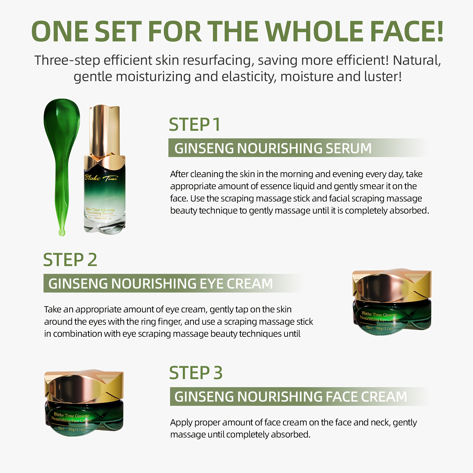 Blithe Time GINSENG HRANJIVI SET OD 4 KOMADA, SADRŽI KREMU ZA LICE, KREMU ZA OČI, ULJE ZA LICE, ŠTAPIĆ ZA MASAŽU LICA, SADRŽI EKSTRAKT KORENJA GINSENGA I DRUGE BILJNE EKSTRAKTE, ZATEŽUJE SVJETLO BEŽ TON, SET ZA NJEGU KOŽE ZA ŽENE, ČINI SVJETLO BEŽ TON MLAĐIM