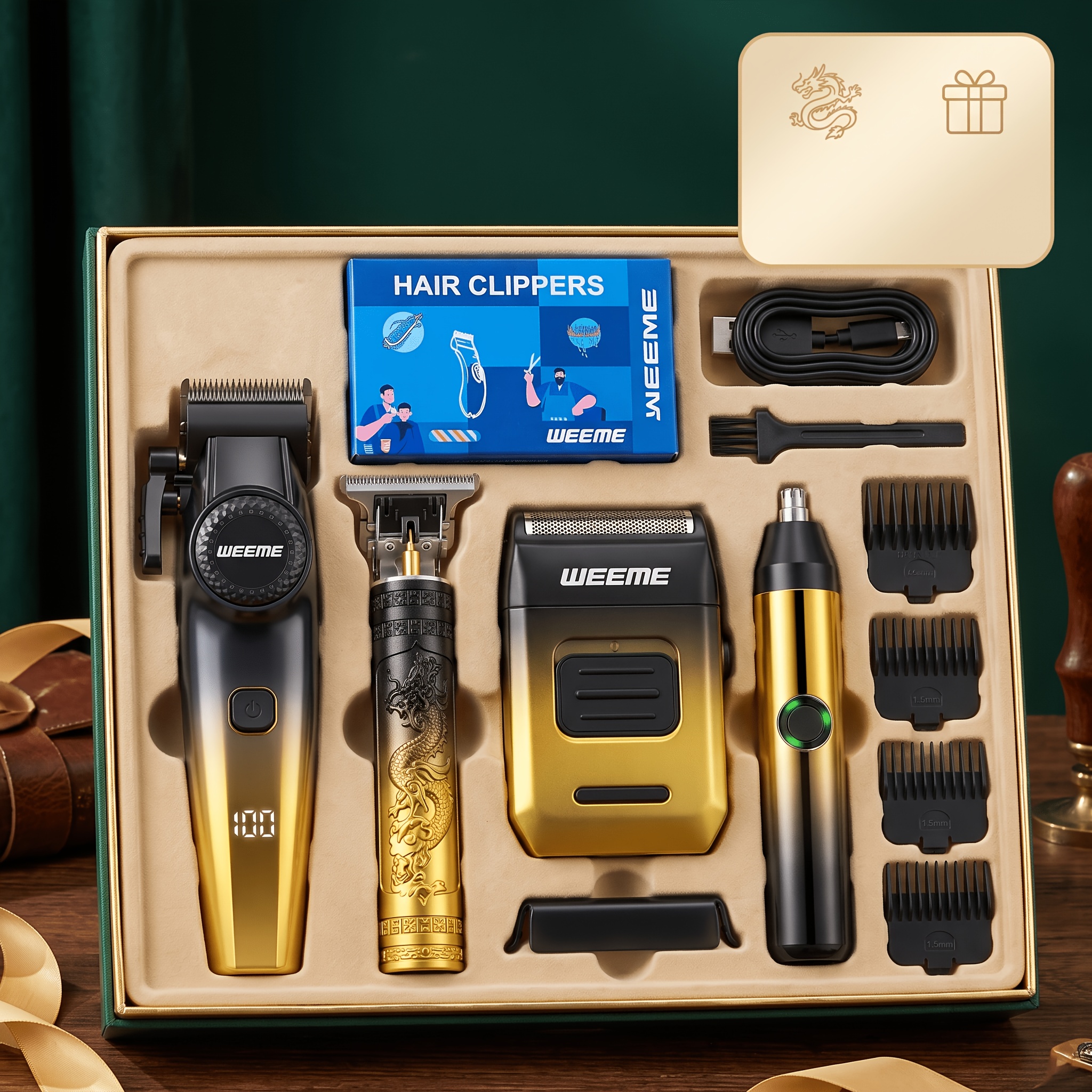 TEMU [ Gradient Gold] Weeme Men's 4pcs Grooming Gift Set, Designed For Men's Shaving, Hair Removal, Hair Cutting And Nose Hair Removal Combination,