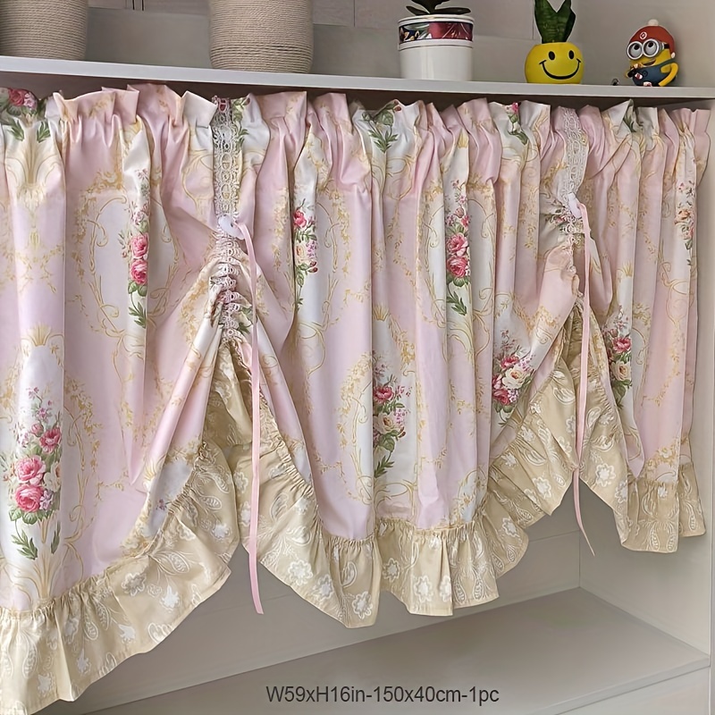 Image of 1pc European Floral Ruffle Short Curtain, Semi-blackout Adjustable Curtains For Coffee Shops, Small Windows, Bookcases, Dining Room Half Doors, 59in Wide Rod Pocket Short Drapes