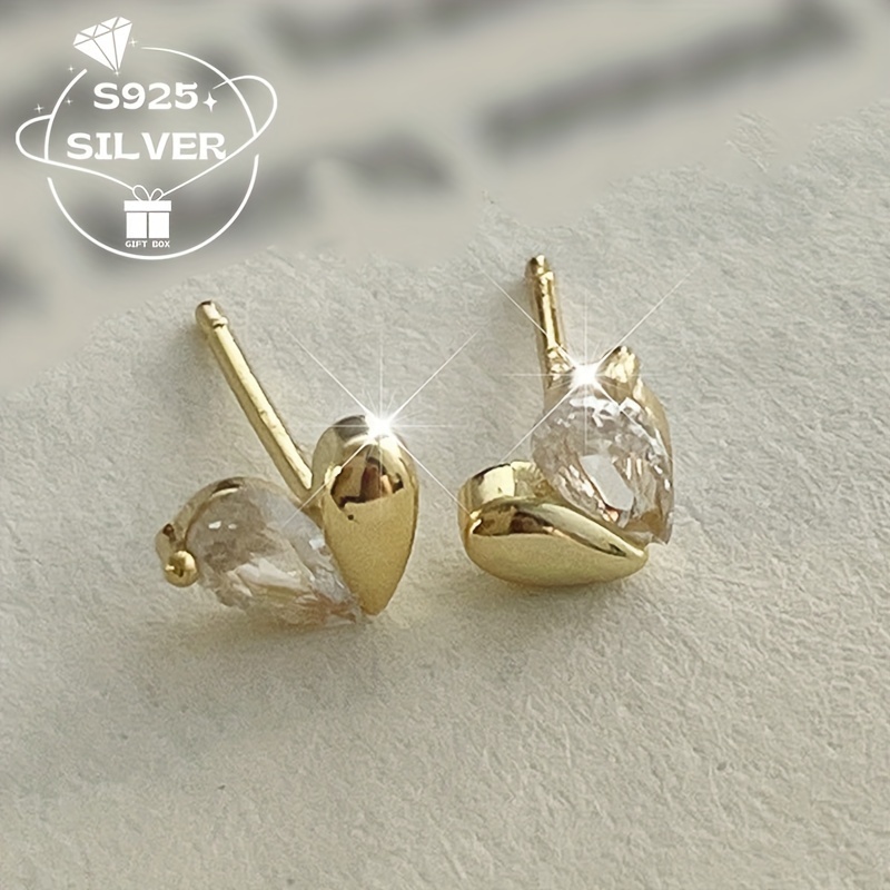 

1 Pair Elegant 925 Sterling Silver Heart-shaped Stud Earrings With Synthetic Zirconia, Hypoallergenic, For Daily And Gift