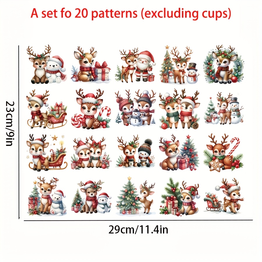 TEMU 20pcs Christmas Series With Santa Claus, Snowman, And Reindeer Patterns - Waterproof, Wipeable Uv Dtf Transfer Paper Cup Sleeves. Suitable For