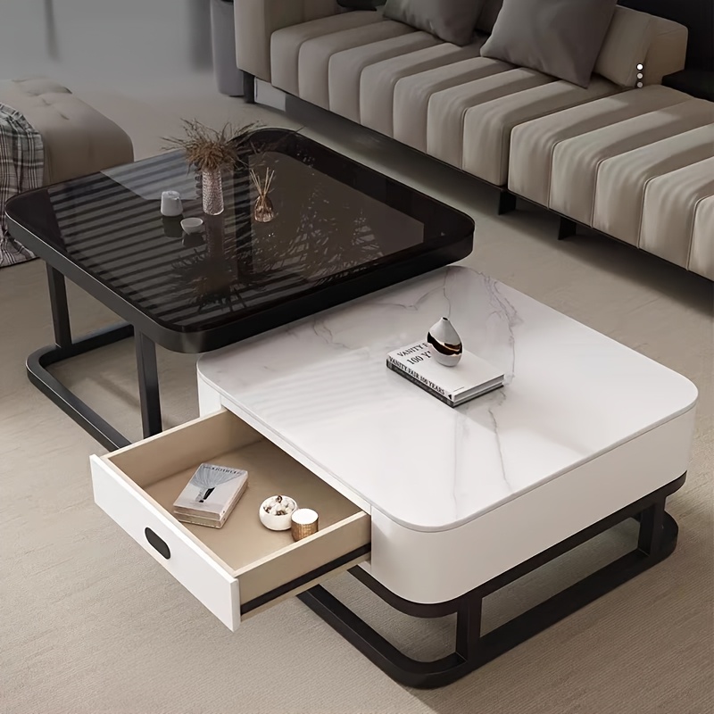A combination set of a 27.5-inch tempered glass large table and a 23.5-inch slate small table, square coffee table, tea table, suitable for various scenes such as living room, bedroom, courtyard, reception room, etc.