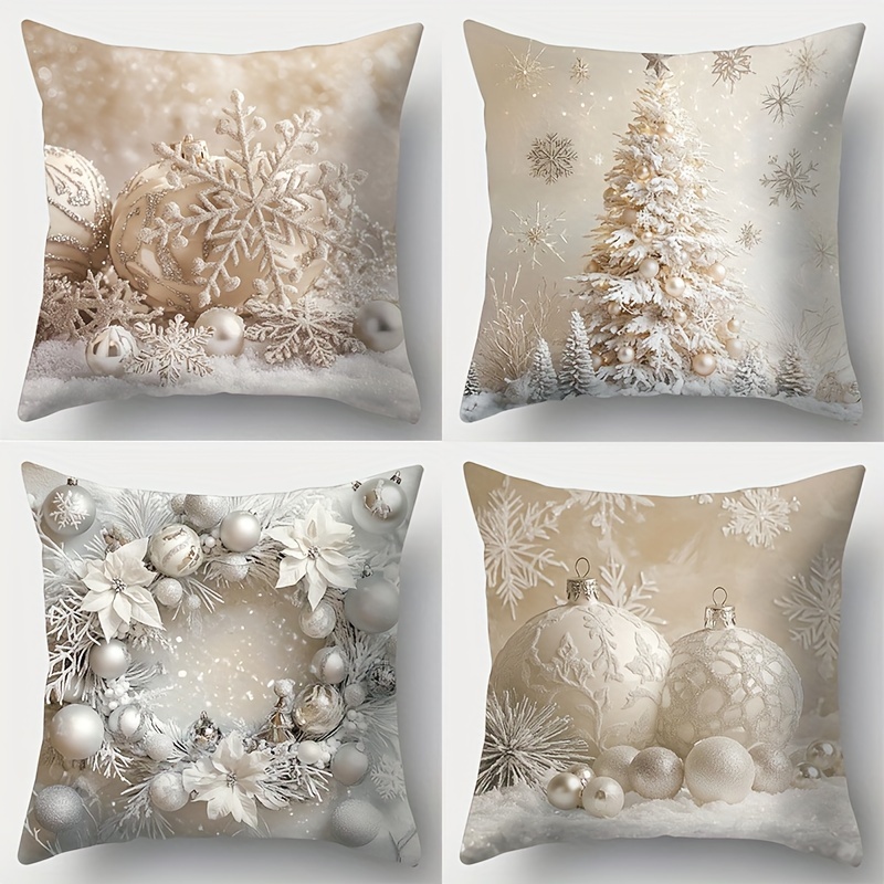 

Festive 4pcs Throw Pillow Cover Set - Christmas Wreath With Snowflake Pattern, Soft Decorative Cushion Cover For Living Room And Bedroom, Decoration (pillow Insert Not Included).