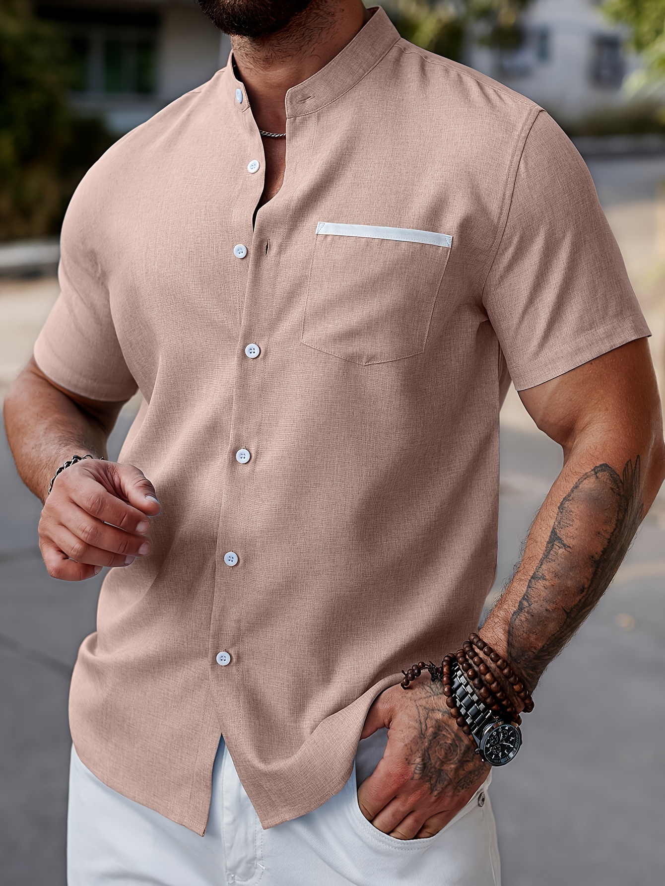 mens solid casual short sleeve button down shirt with chest pocket and stand collar for summer