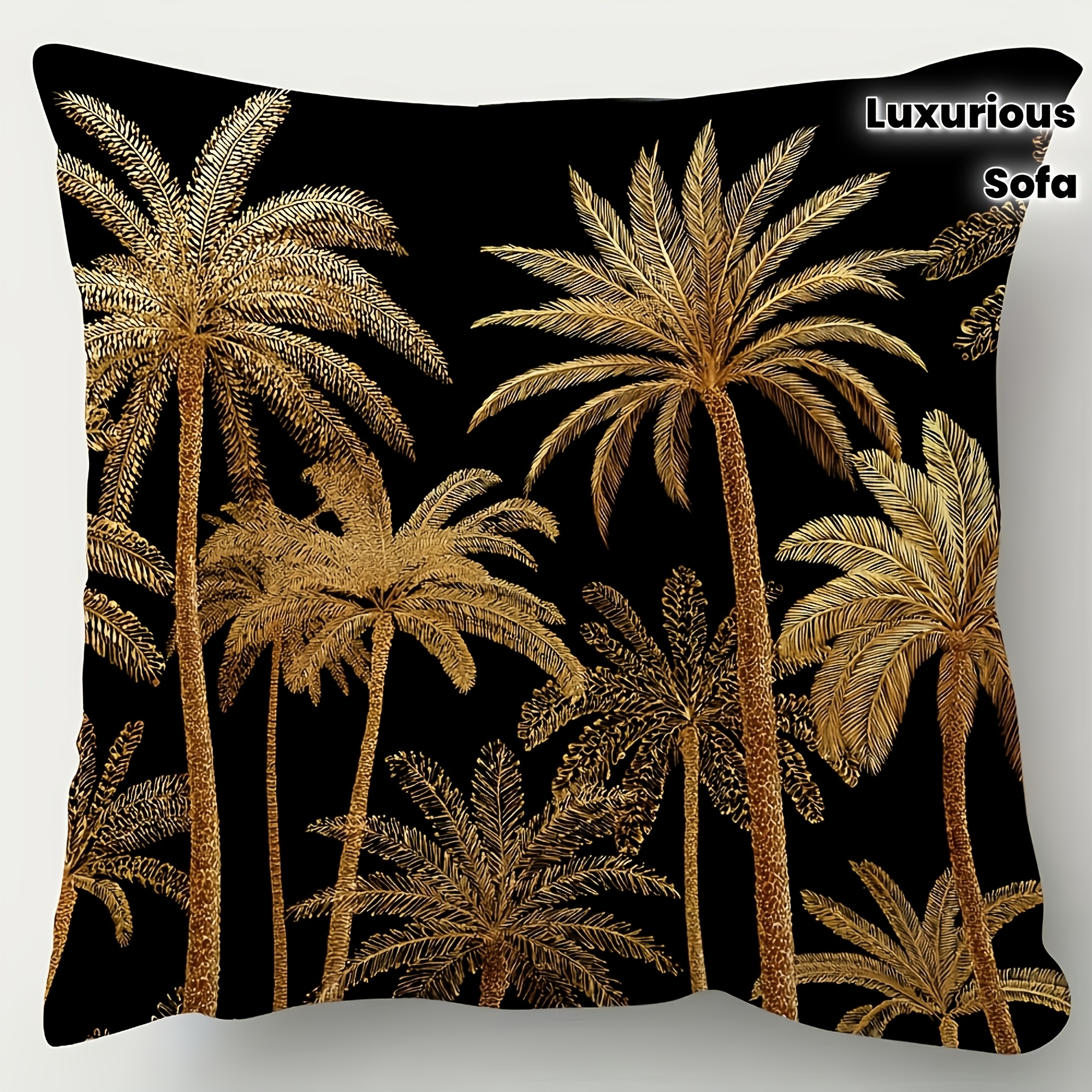 TEMU 1 Printed Pillowcase, Luxurious Short Plush Pillowcase - Black And Golden Palm , 1pc Soft Plush Decorative Cushion Cover With Zipper Closure,