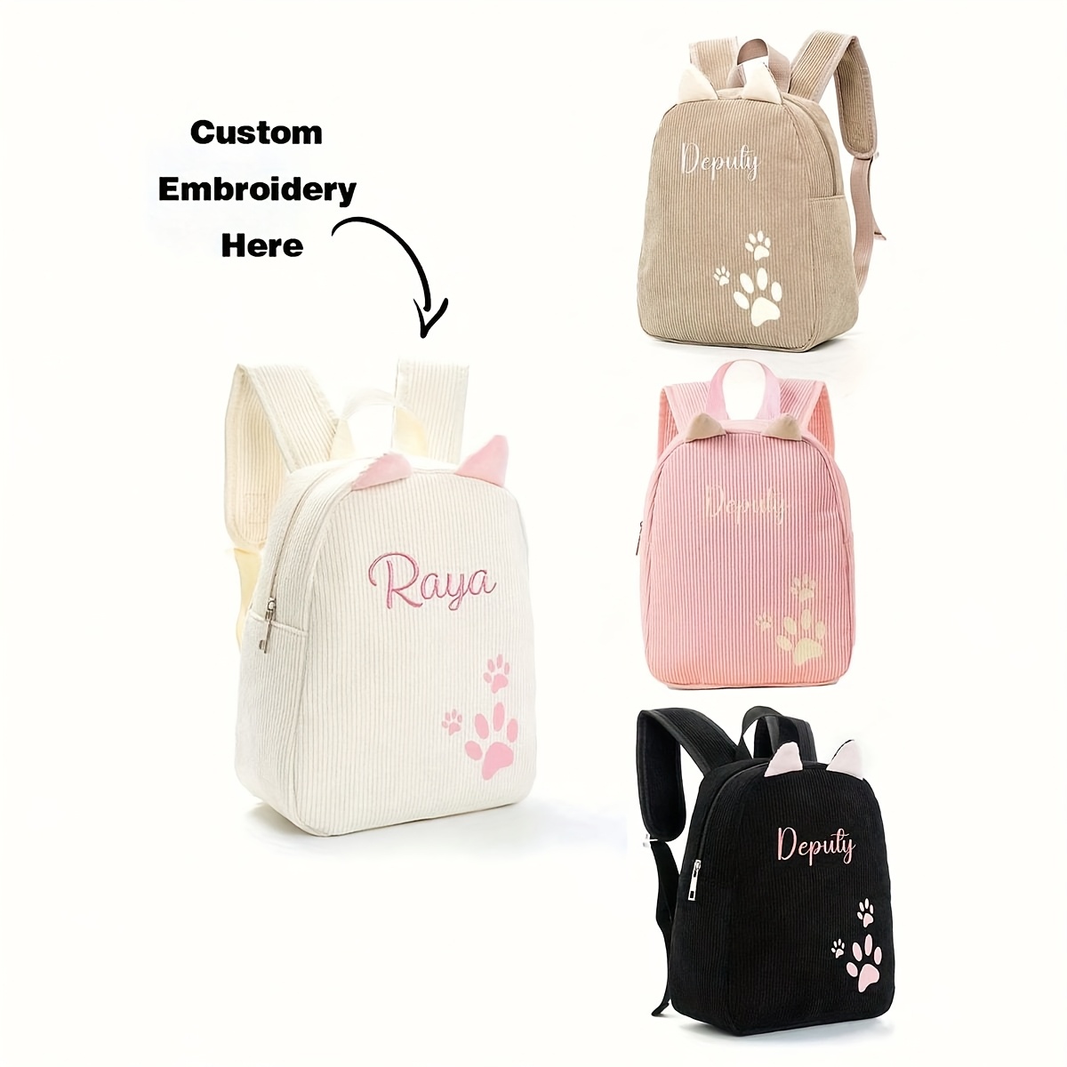 

Customizable Corduroy Backpack With Cute Animal Design - Embroidery , Lightweight & Adjustable Straps For - Ideal For School, - In , Cream, Pink, Black, Backpack For School