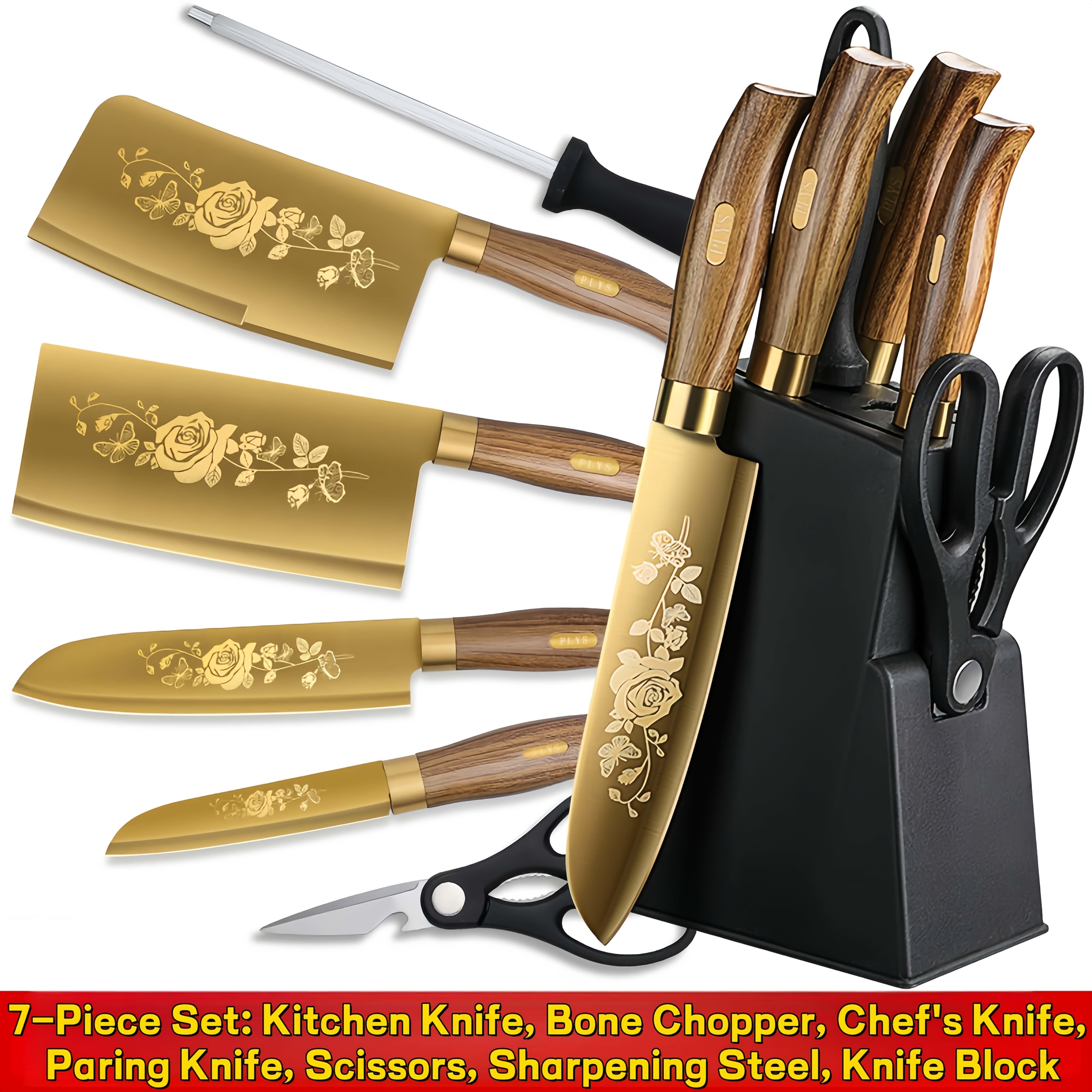 TEMU 7pcs Set Of Knives Featuring Coating And A Sharpener, Including A Heavy-duty Chef's Knife, Slicer, Bread Knife, And Meat Knife, All With Golden