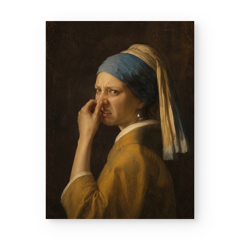 TEMU 2d Flat, Posters And Prints Unframed Canvas Wall Art With Earring Parody Canvas Print, Cracked Vintage Oil Painting Disgusted Lady Nose Retro