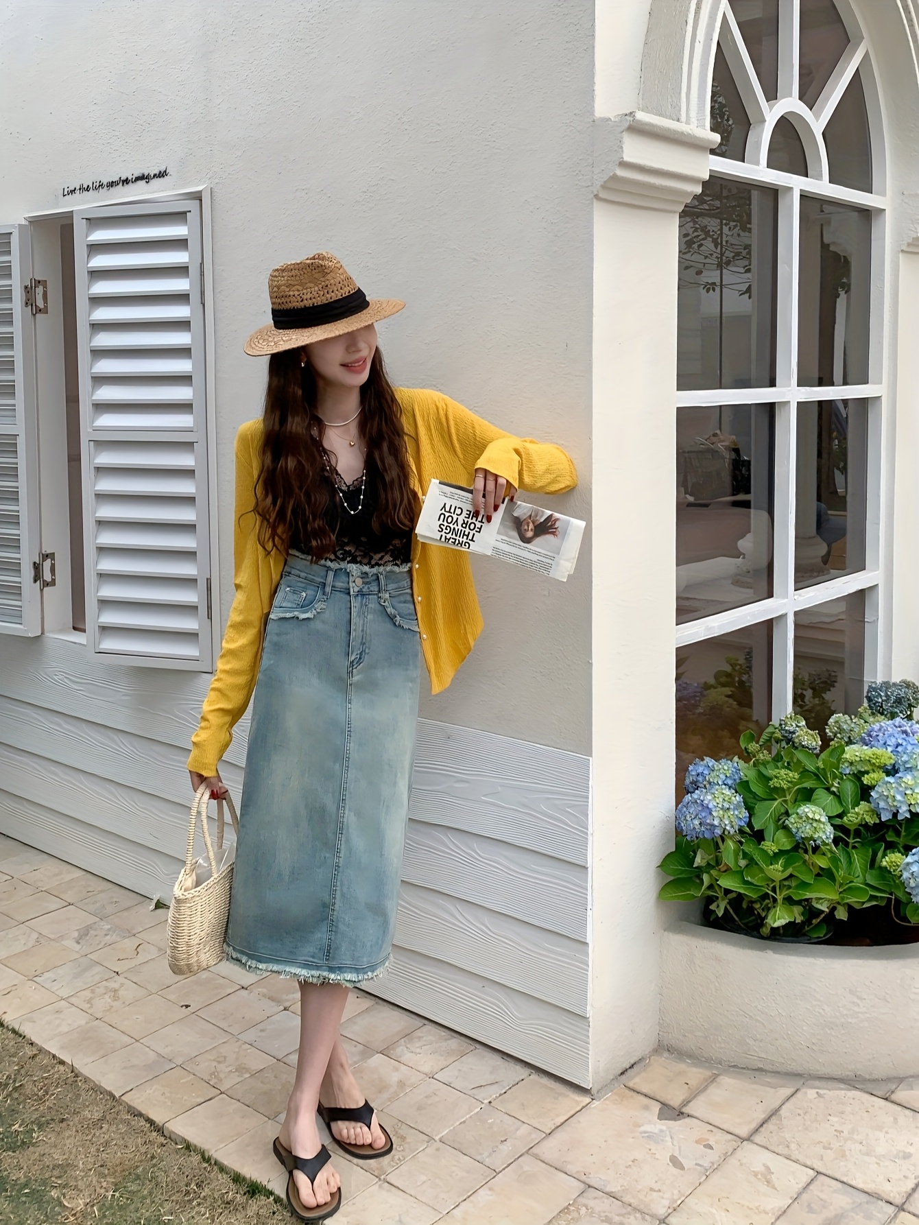 women's high waist split denim midi skirt frayed hem stretch